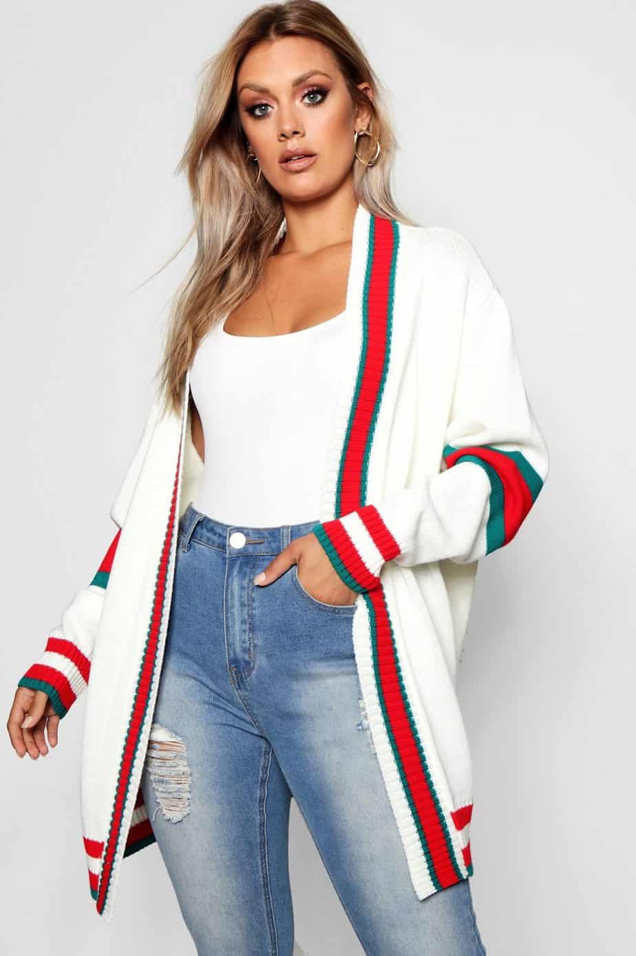 Plus Contrast Stripe Oversized Cardigan, Best Plus Size Sweaters For Autumn/Fall