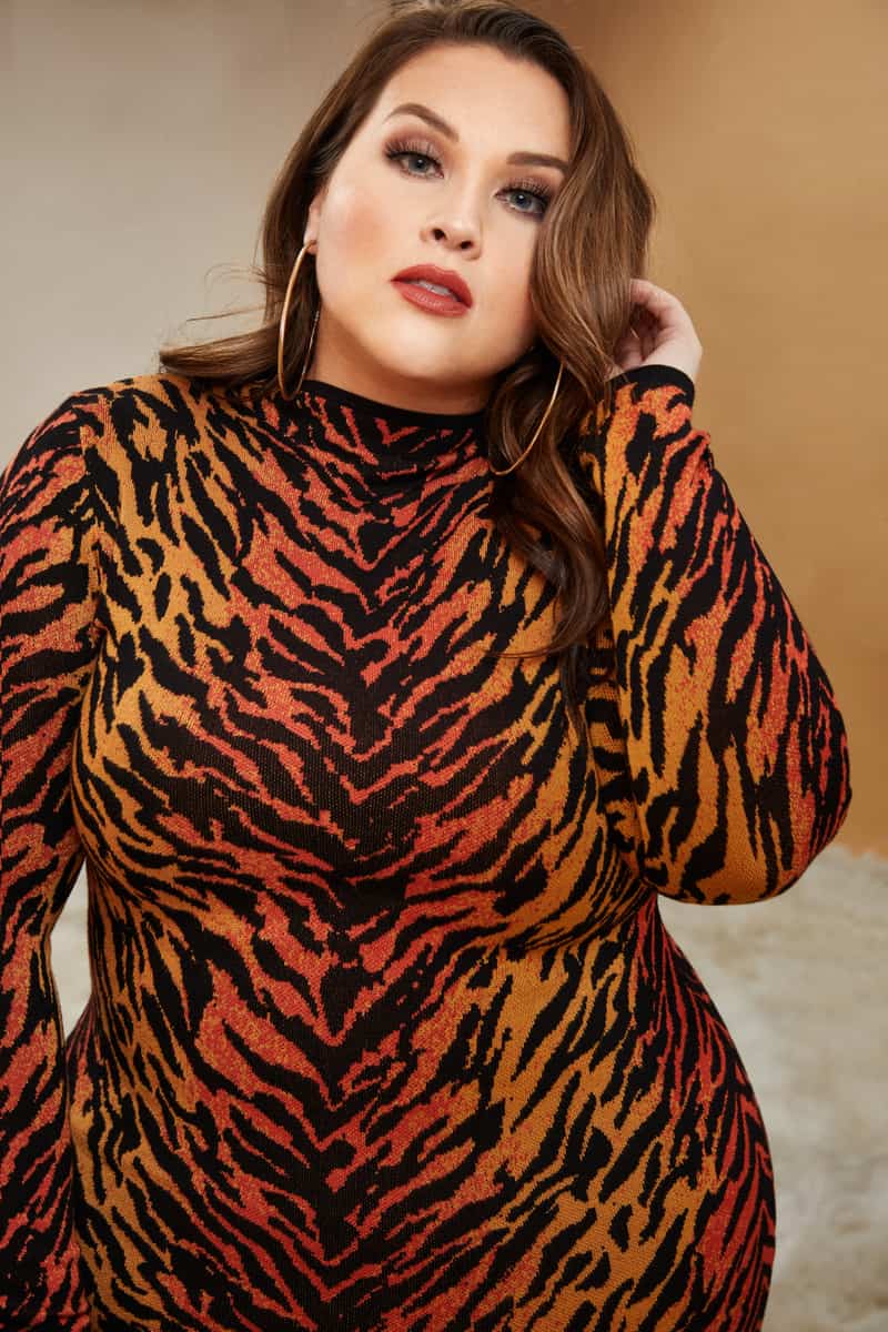 Fashion To Figure Fall Collection With Sarah Rae Vargas Tony, Who - Tiger Print Sweater Dress