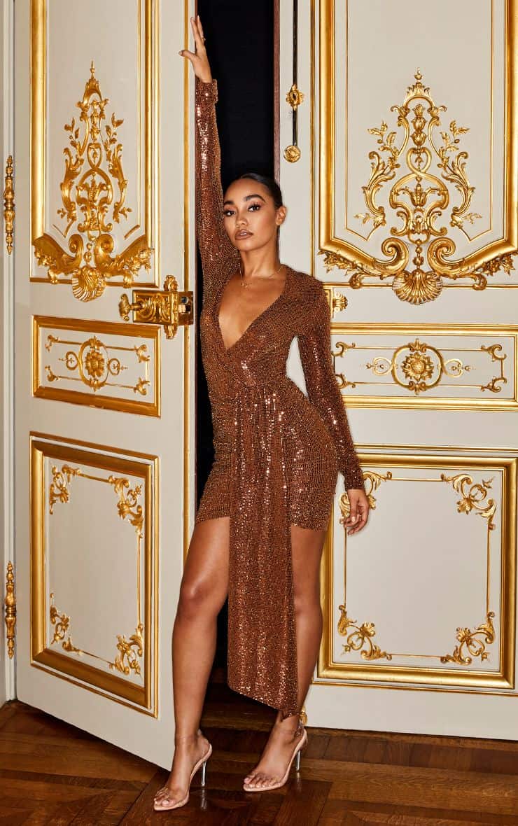 Little Mix X Prettylittlething Collection: BRONZE SEQUIN PLUNGE BODYCON DRESS