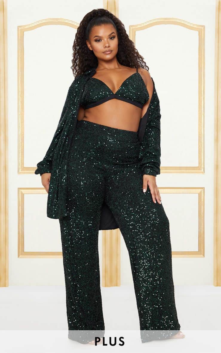 Little Mix X Prettylittlething Collection: PLUS SIZE EMERALD GREEN SEQUIN SET