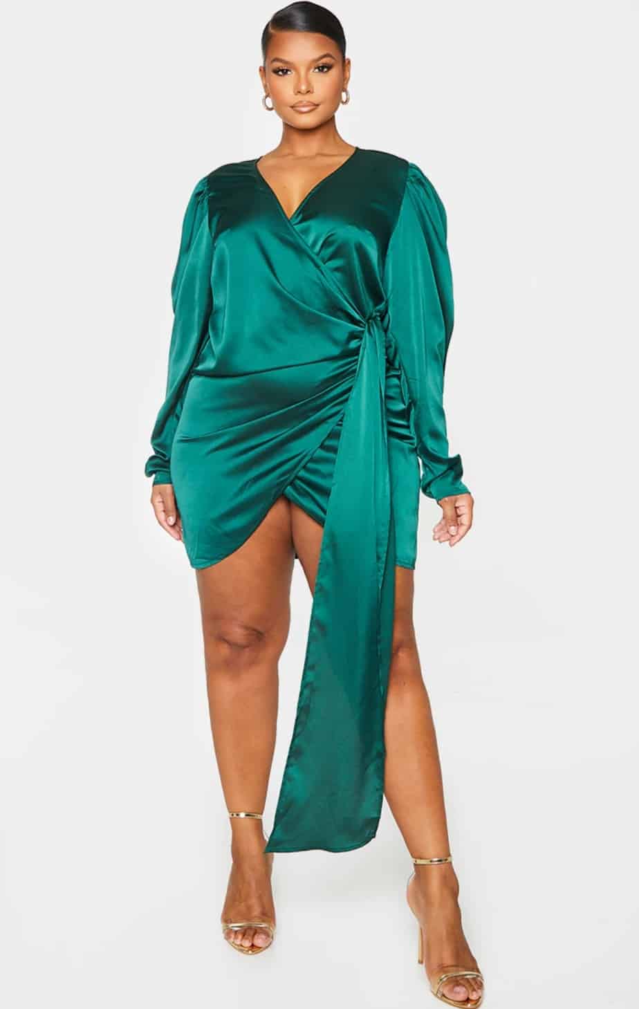 Plus Emerald Green Satin Puff Sleeve Wrap Dress