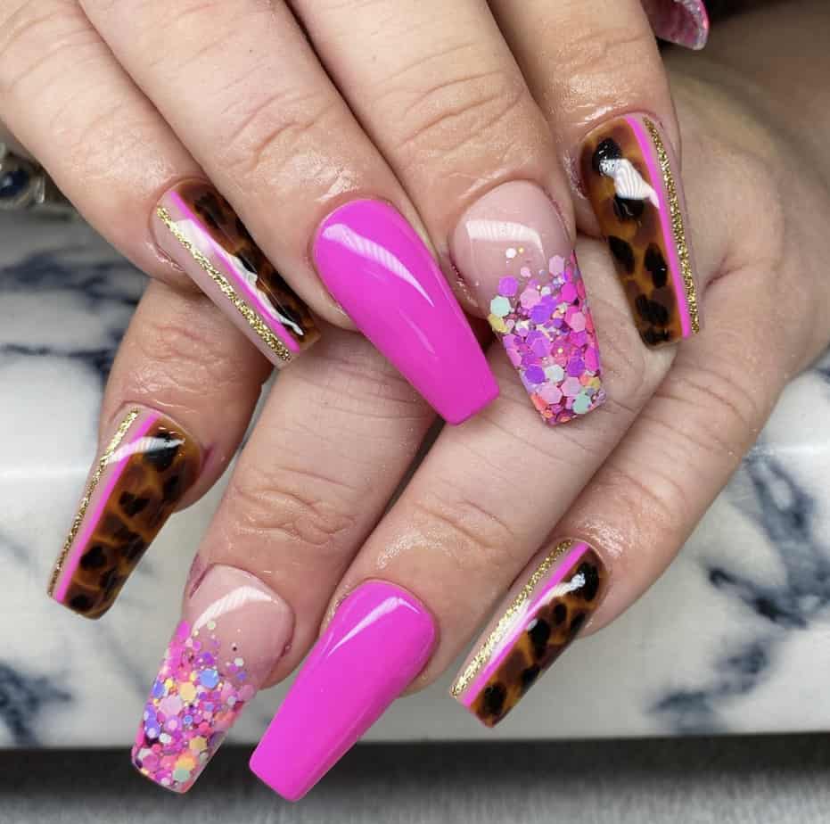Pink Glitters and Tortoise Nail Design