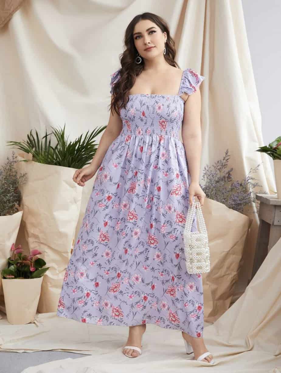 Plus Floral Shirred Ruffle Trim Cami Dress