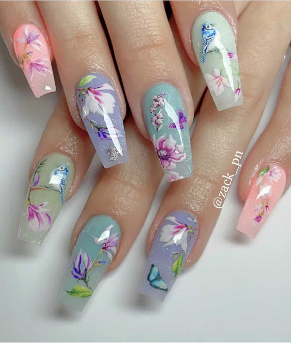 Multicolour Pastel and Floral Nail Design