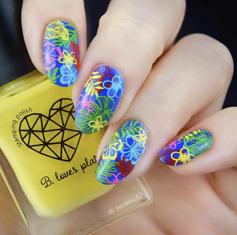 Multicolour Flowers and Leaves Nail Design