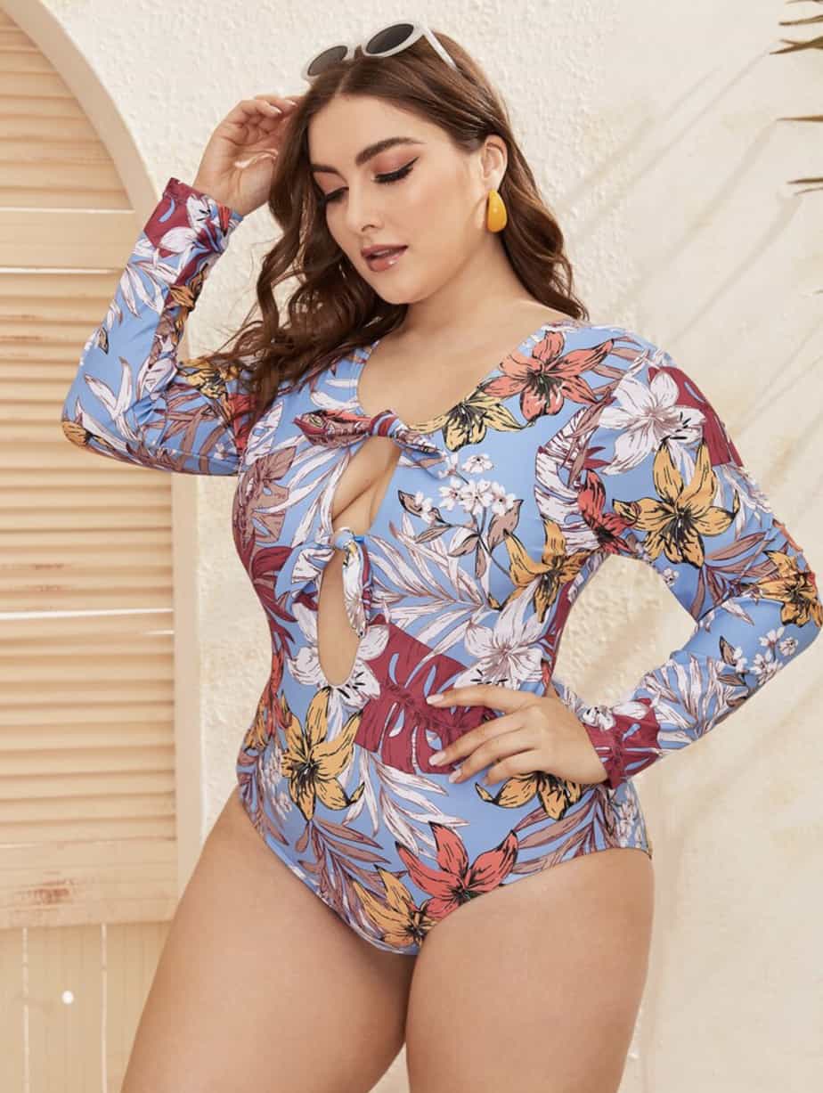 SHEIN Plus Floral Long Sleeve One Piece Swimsuit