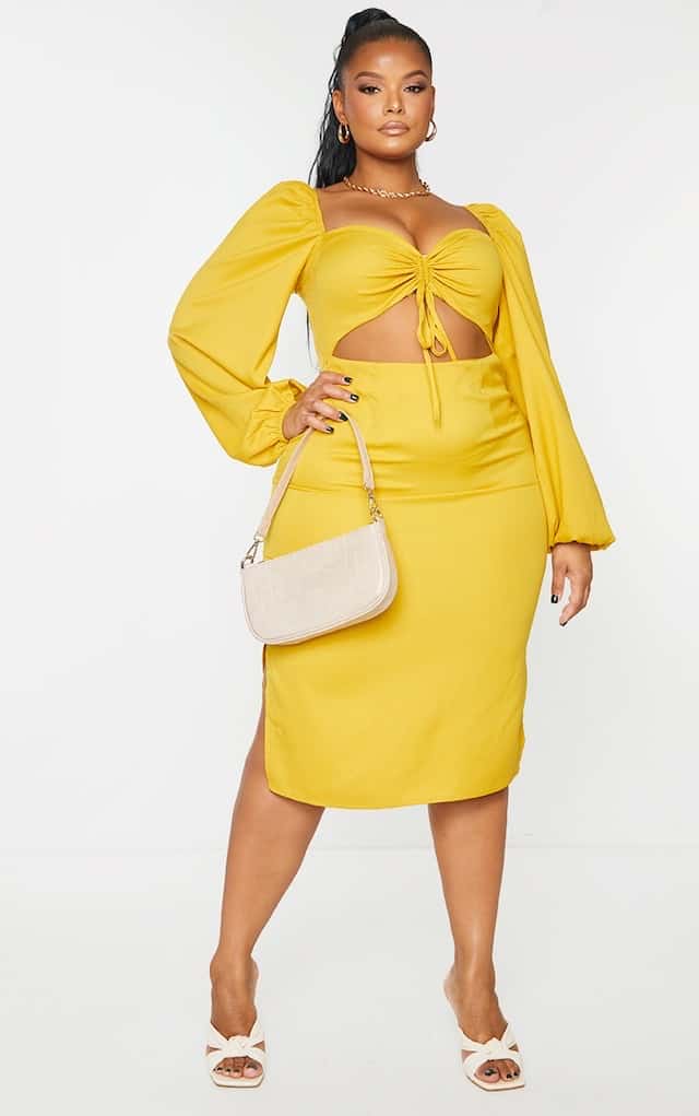 Plus Mustard Cut Out Ruched Bust Puff Sleeve Midi Dress